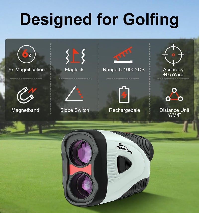 Flagfront Golf Rangefinder with Slope & Pin Lock Vibration, 1000YD Golf Range Finder, 6X Magnification & HD LCD ， Rechargeable, with Magnetic Stripe,Laser Range Finder for Golf - Image 2